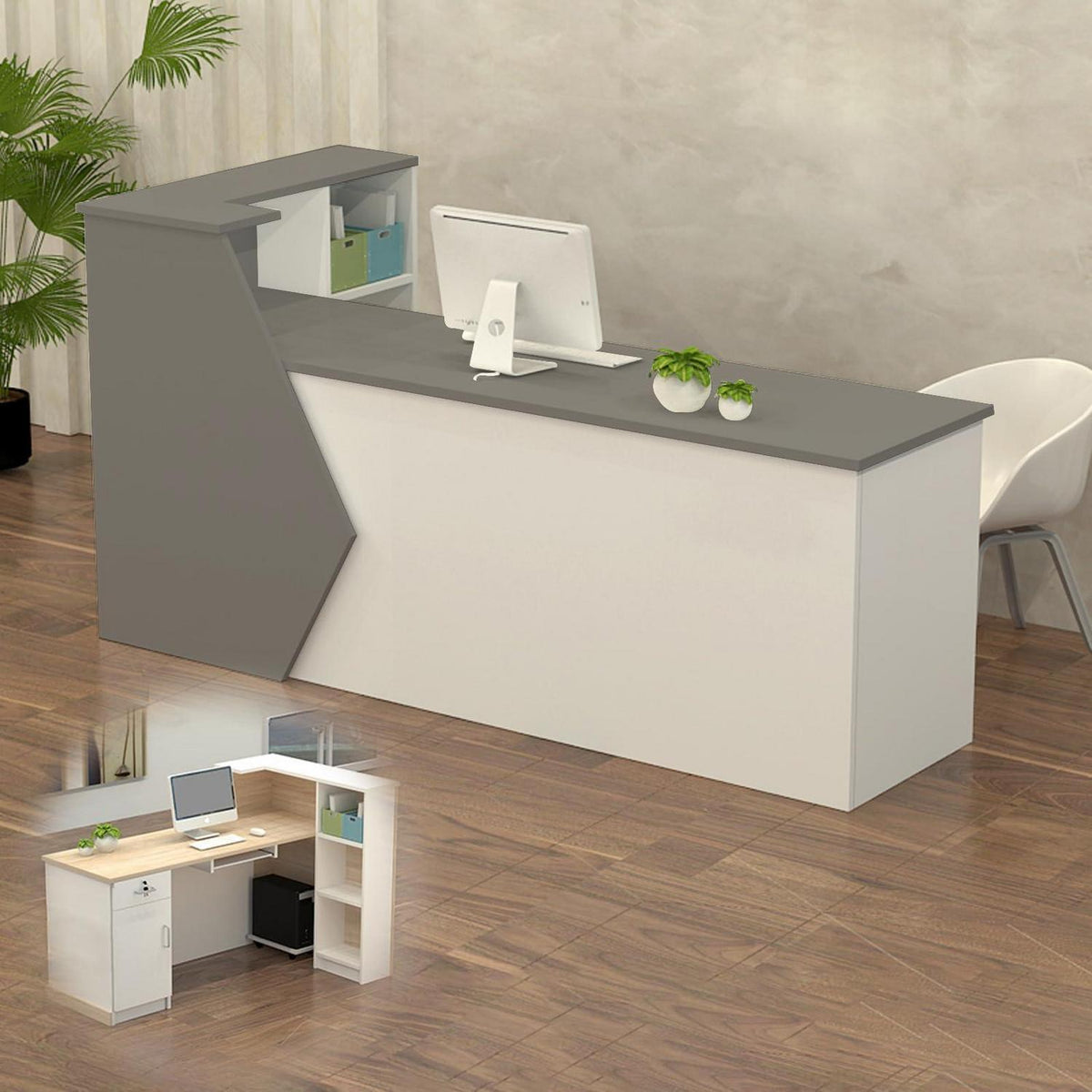 Rezeptionstheke Holz Grau Weiß – Langer Kassentisch 160x60x100cm