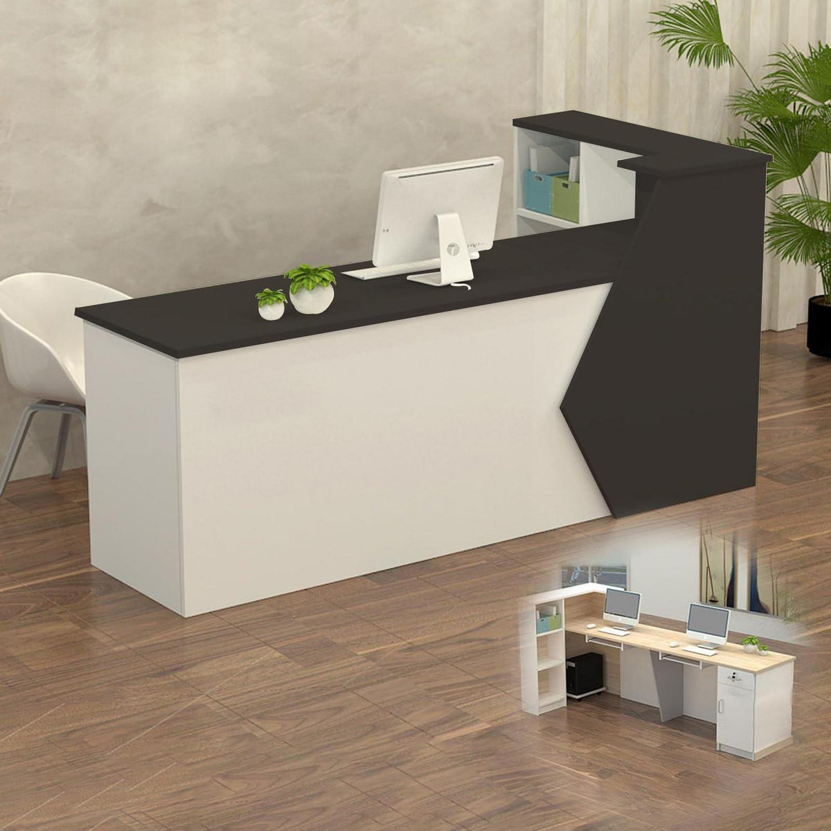 Rezeptionstheke Holz mit Stauraum – 260x60x100cm, Schwarz Weiß