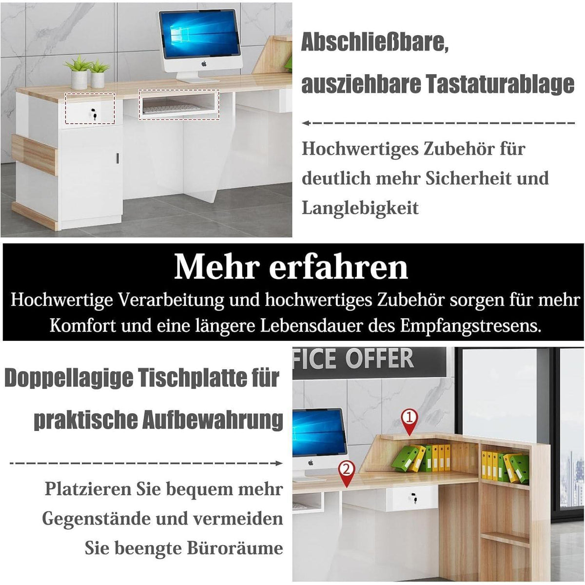Rezeptionstheke Holz Grau Weiß – Langer Kassentisch 260x60x100cm