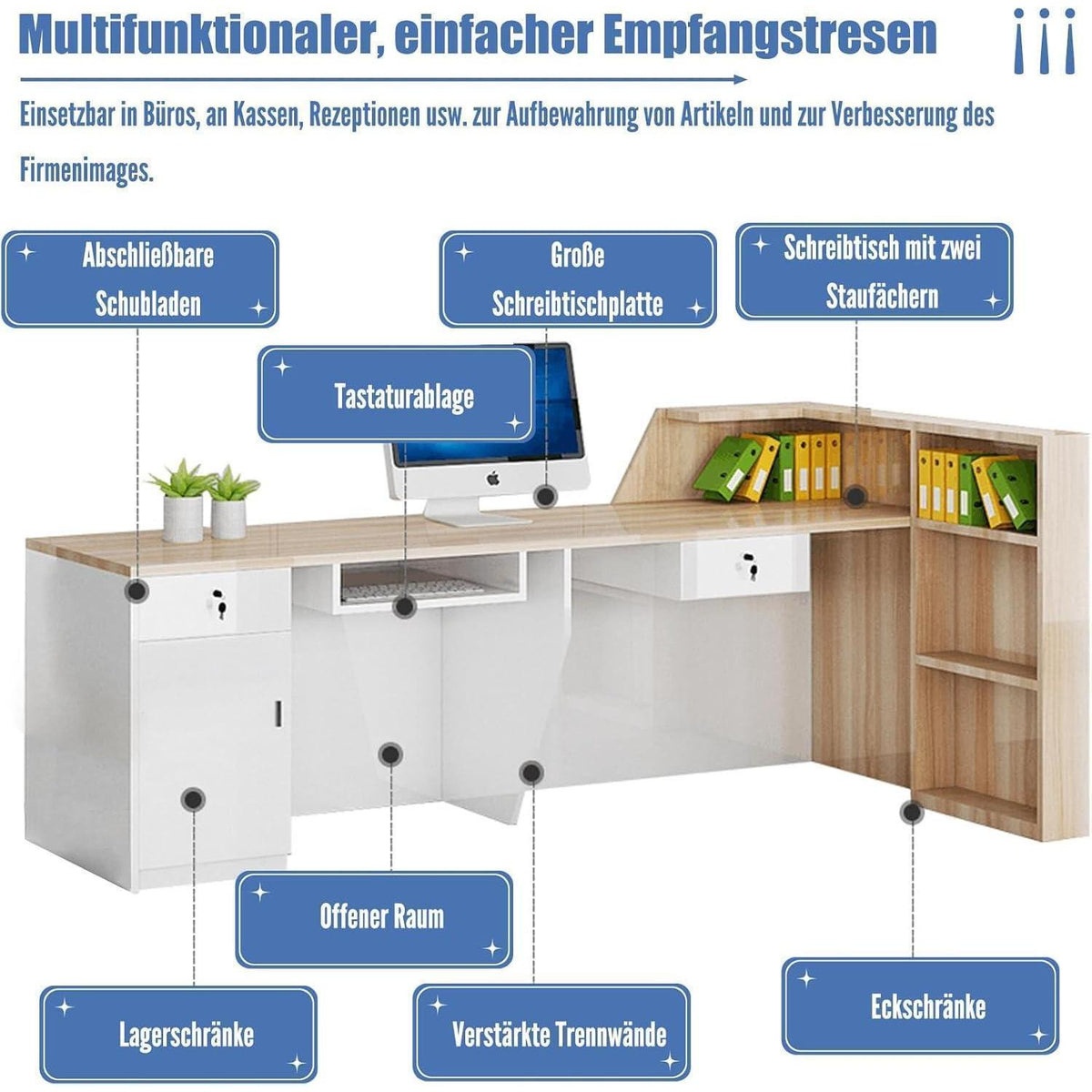 Rezeptionstheke Holz mit Stauraum – 260x60x100cm, Weiß & Schwarz