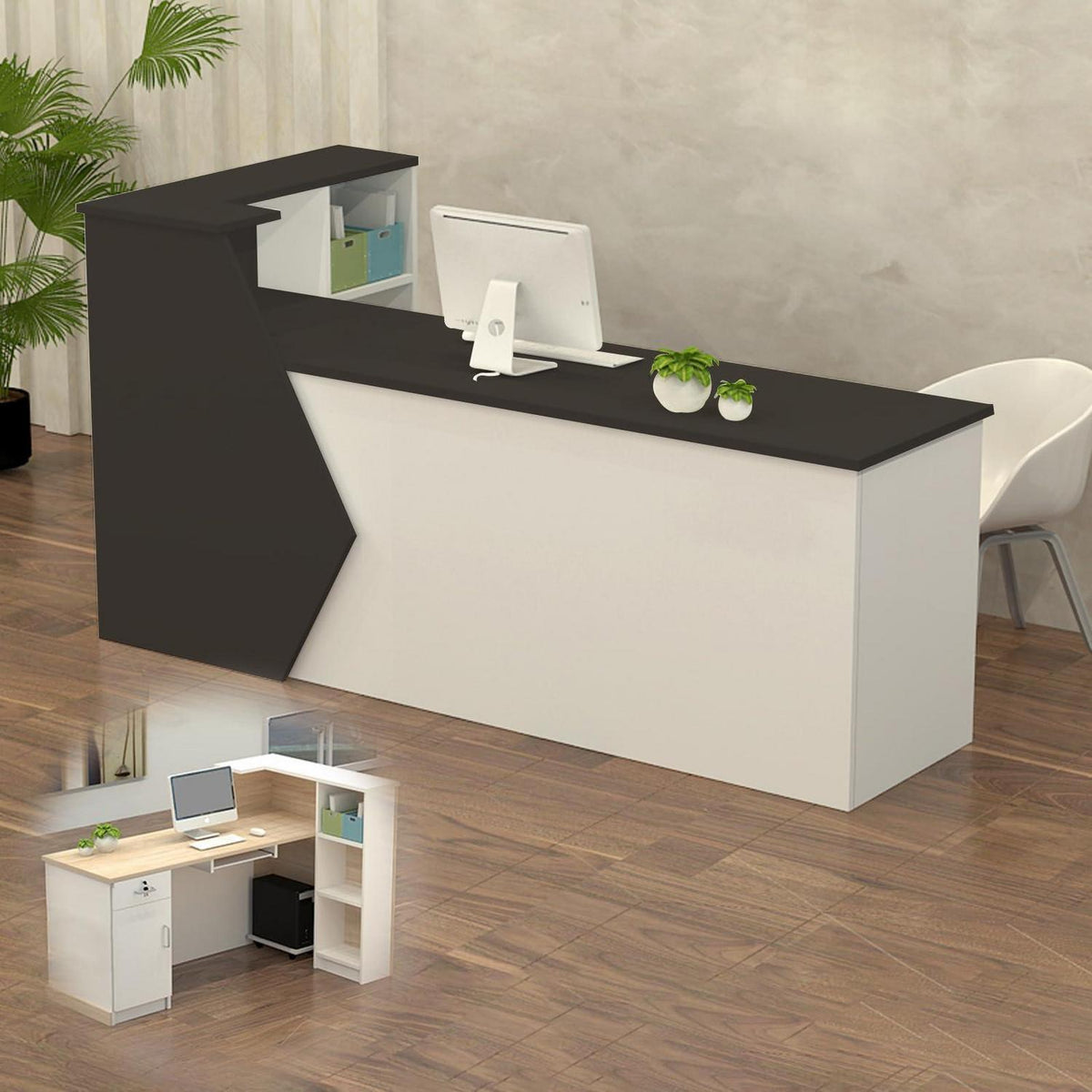 Rezeptionstheke Holz mit Stauraum – 180x60x100cm Schwarz Weiß