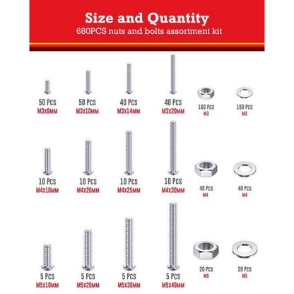 Schrauben & Muttern Set 680tlg. M3/M4/M5 Kohlenstoffstahl mit Unterlegscheiben