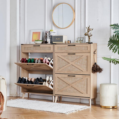 Natürlicher Schuhschrank mit Rattan Schubladen – Schuhregal für Eingangsbereich