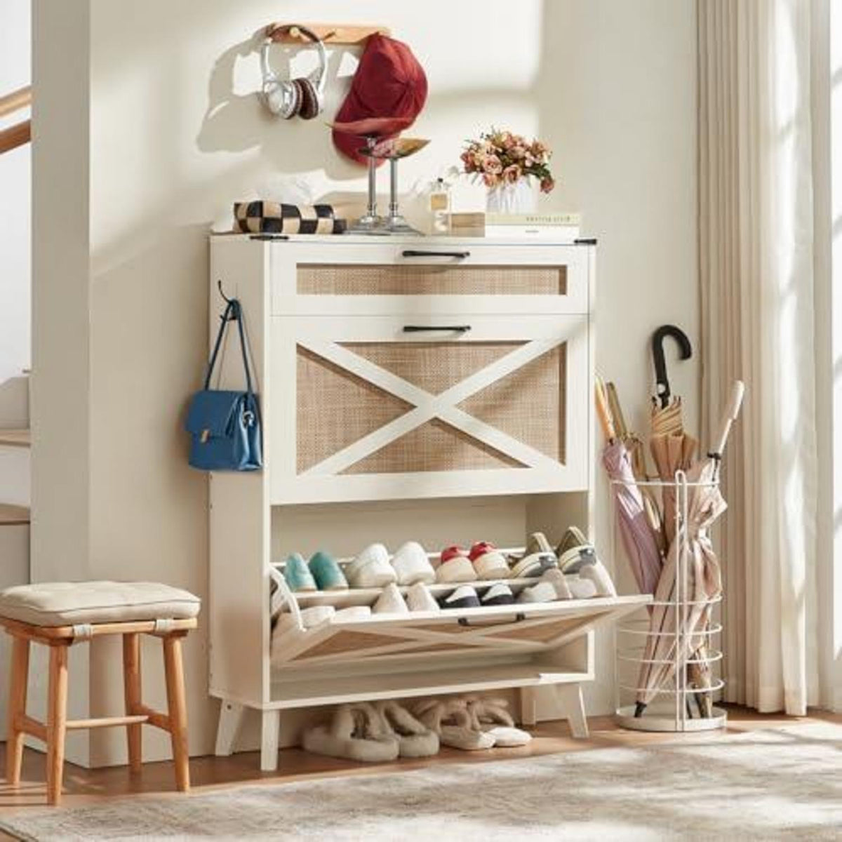 Schmaler Schuhschrank Rattan Weiß – Boho-Landhausstil