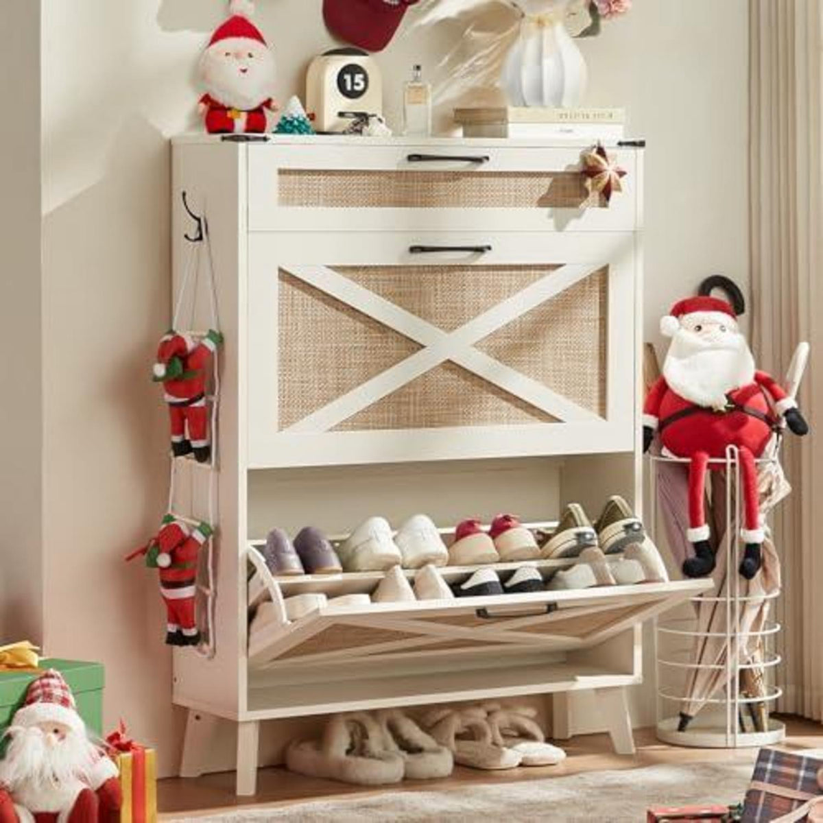 Schmaler Schuhschrank Rattan Weiß – Boho-Landhausstil