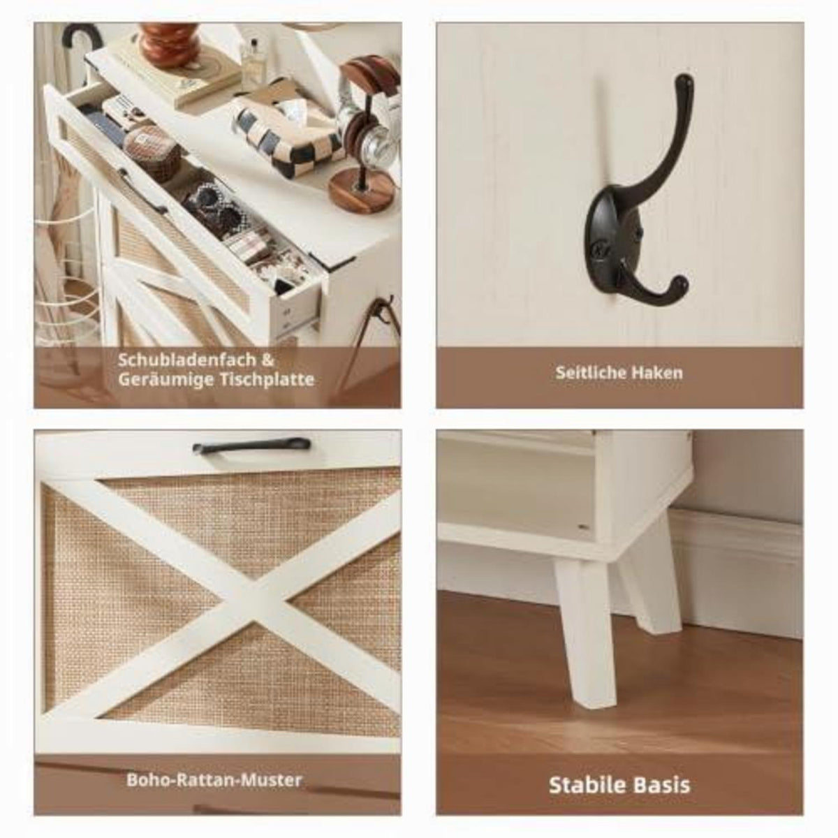 Schmaler Schuhschrank Rattan Weiß – Boho-Landhausstil