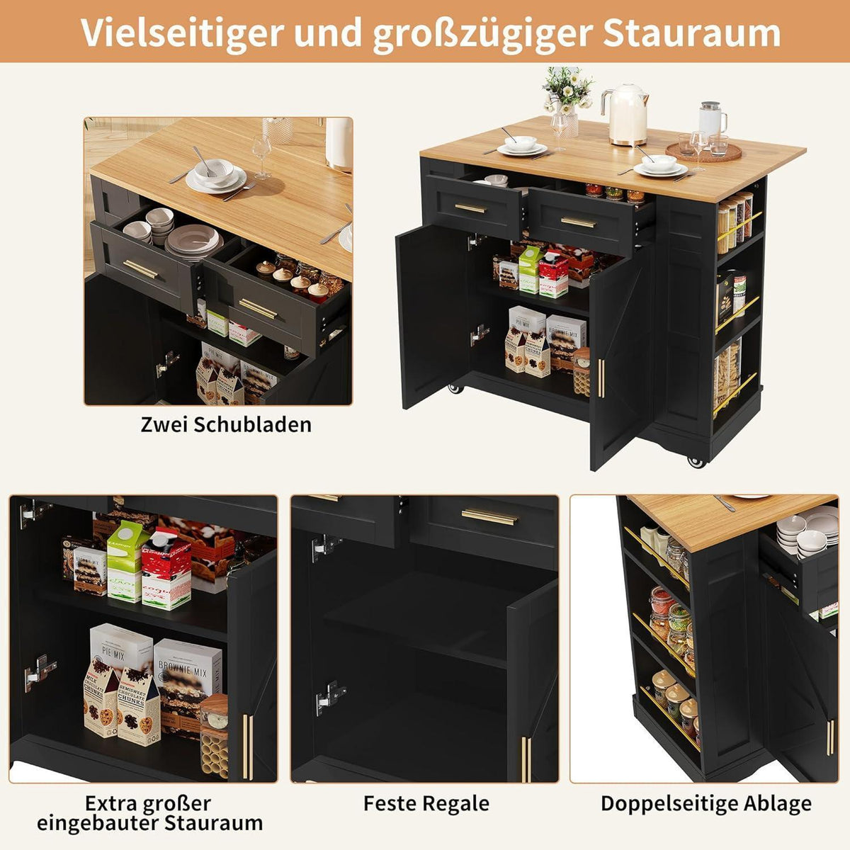 Küchenwagen mit Klappplatte & Schubladen – Schwarz