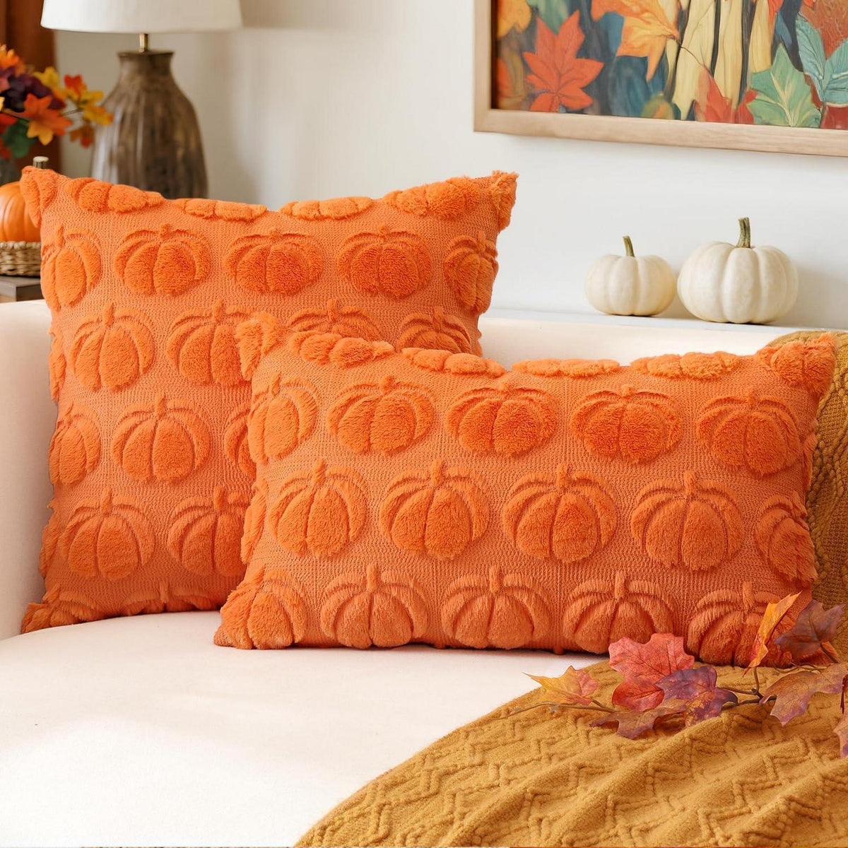 2 Kürbis Kissenbezüge 45x45cm – Herbst Boho Deko Orange