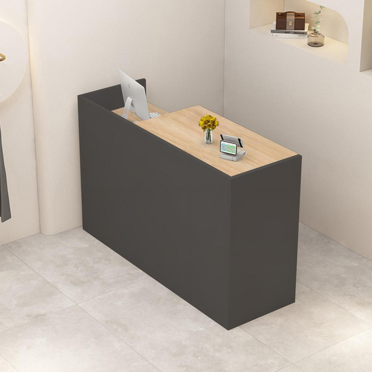 Rezeptionstheke Holz mit Stauraum – Grau & Originalholzfarbe