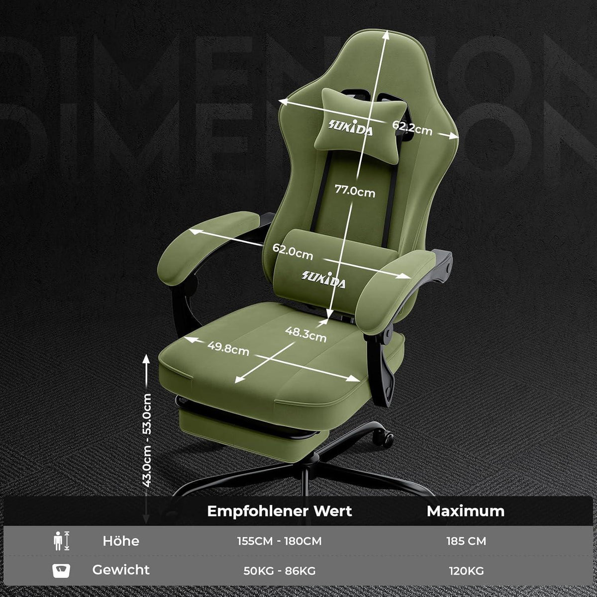 Ergonomischer Gaming Stuhl mit Fußstütze und Lendenkissen, Grün