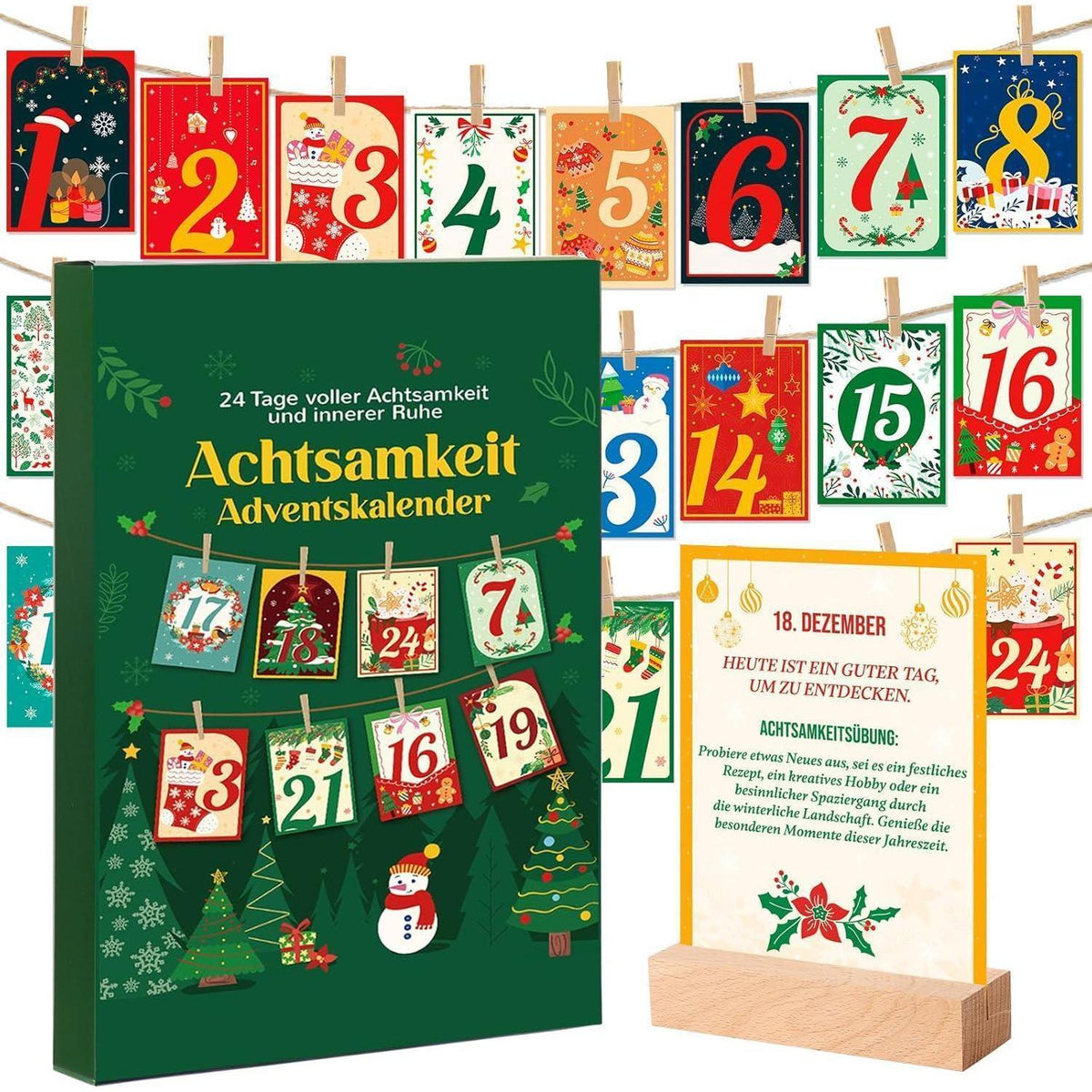 Achtsamkeits-Adventskalender mit 24 Karten & Holzständer