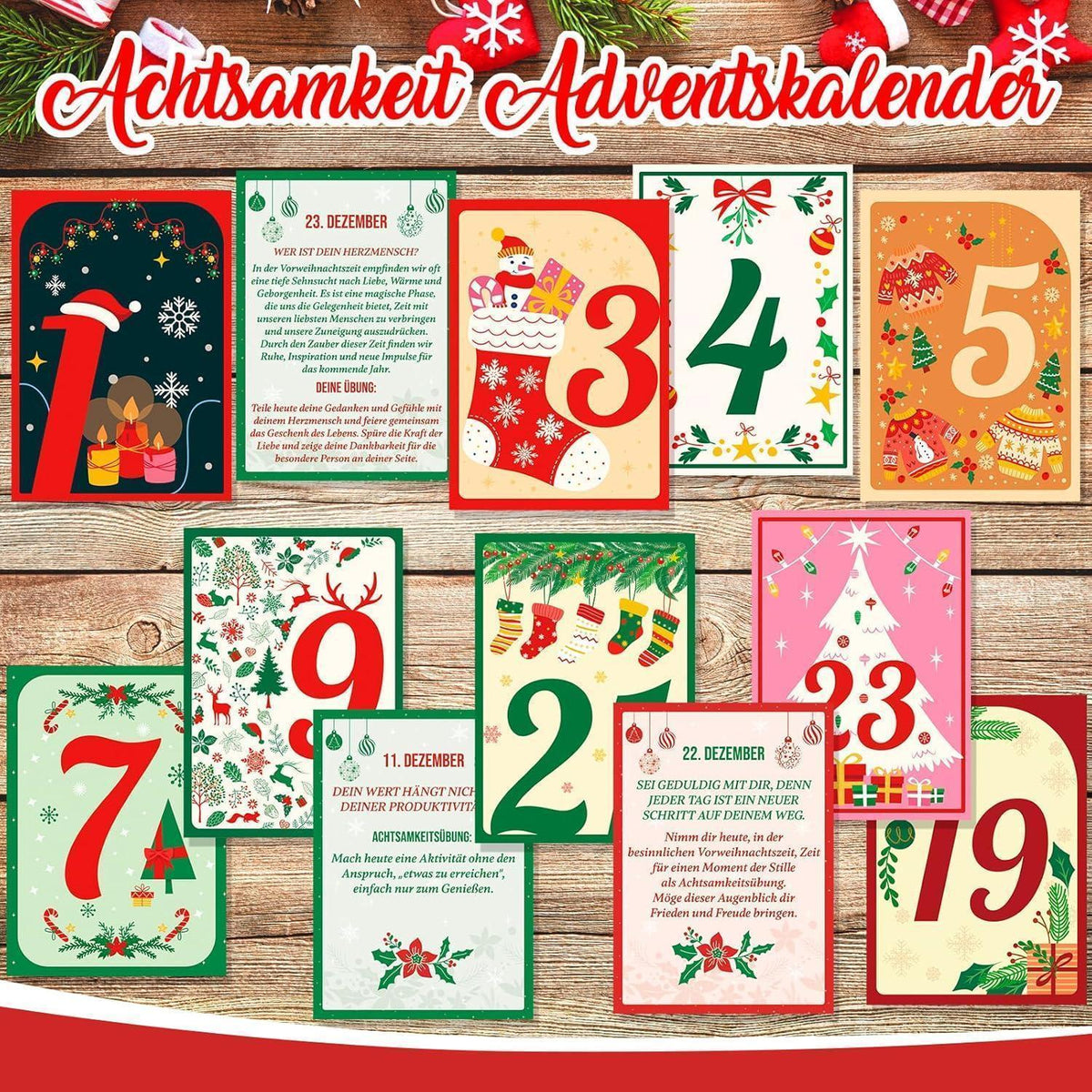 Achtsamkeits-Adventskalender mit 24 Karten & Holzständer