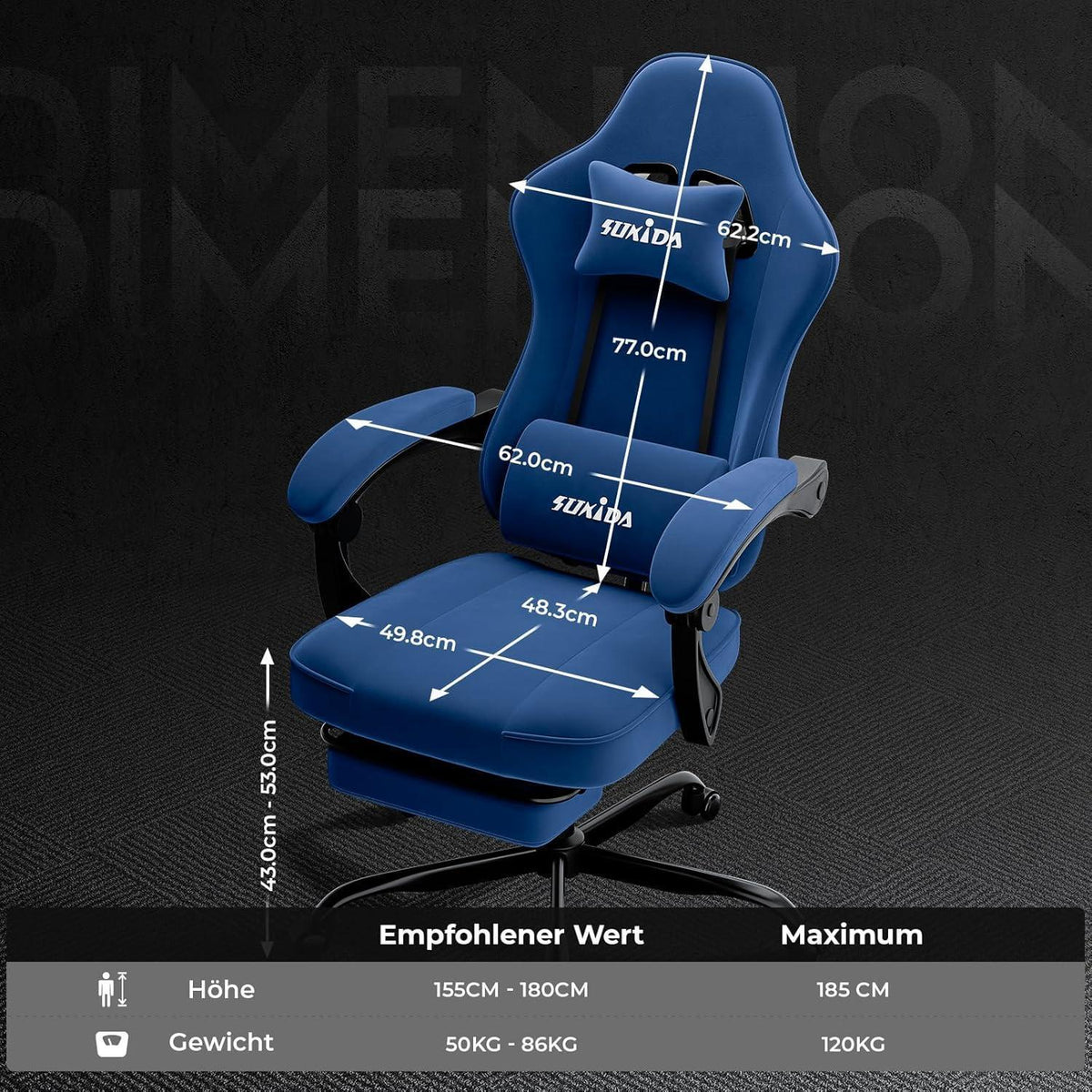 Ergonomischer Gaming Stuhl mit Fußstütze und Lendenkissen, Blau