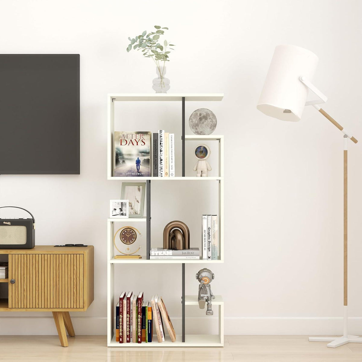 Großes weißes Bücherregal Holz mit Metall – Raumteiler & Shelf