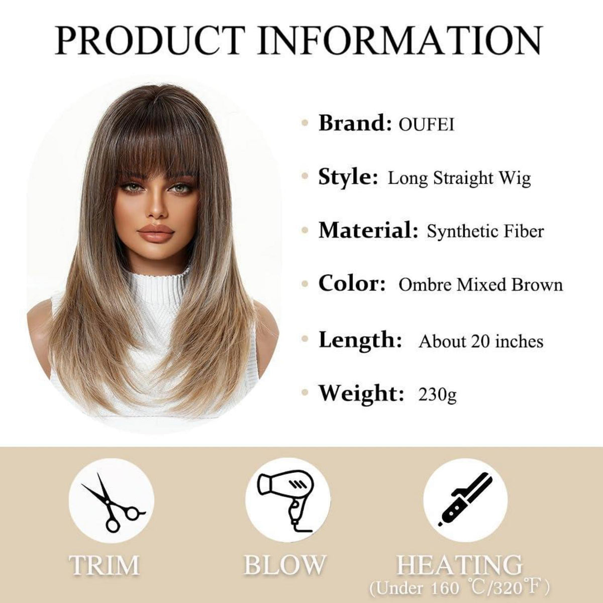 Ombre Braun Blond Mittellange Gerade Perücke mit Pony