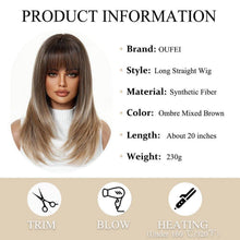 Ombre Braun Blond Mittellange Gerade Perücke mit Pony