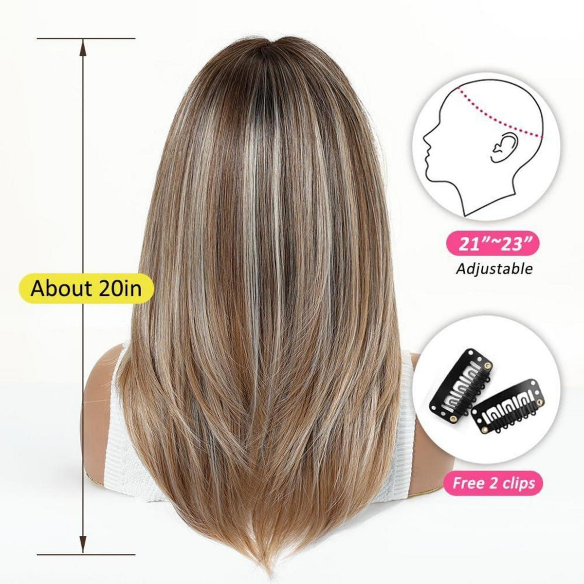 Ombre Braun Blond Mittellange Gerade Perücke mit Pony