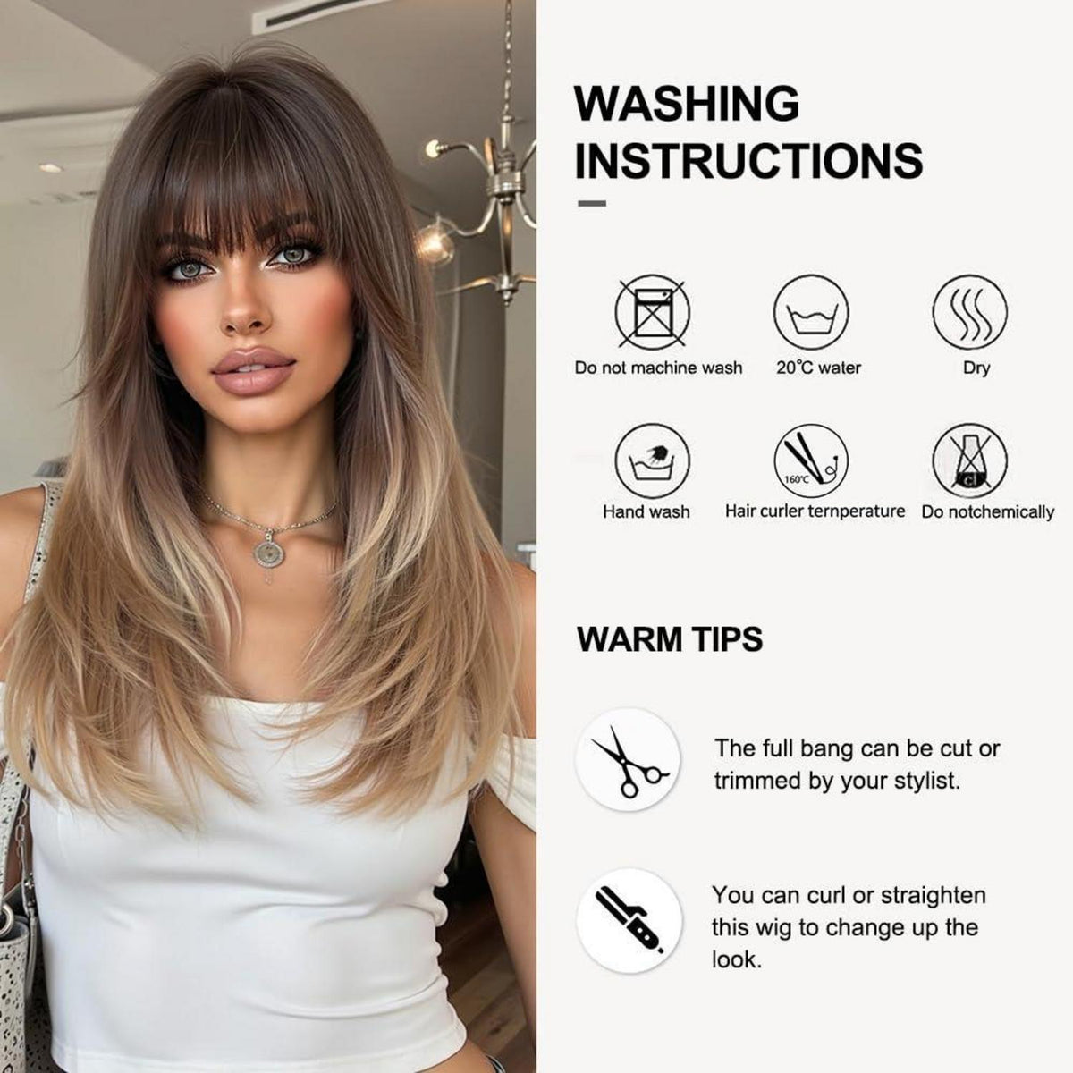 Ombre Braun Blond Mittellange Gerade Perücke mit Pony