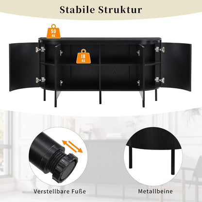 Moderner Kommode 145cm mit Bogen & verstellbaren Regalböden Schwarz