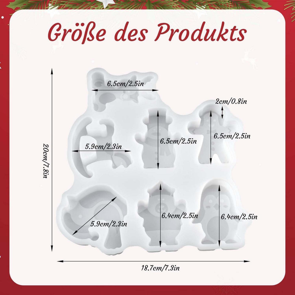 7x Silikonform Weihnachten: Weihnachtsmann, Elch, Schneemann