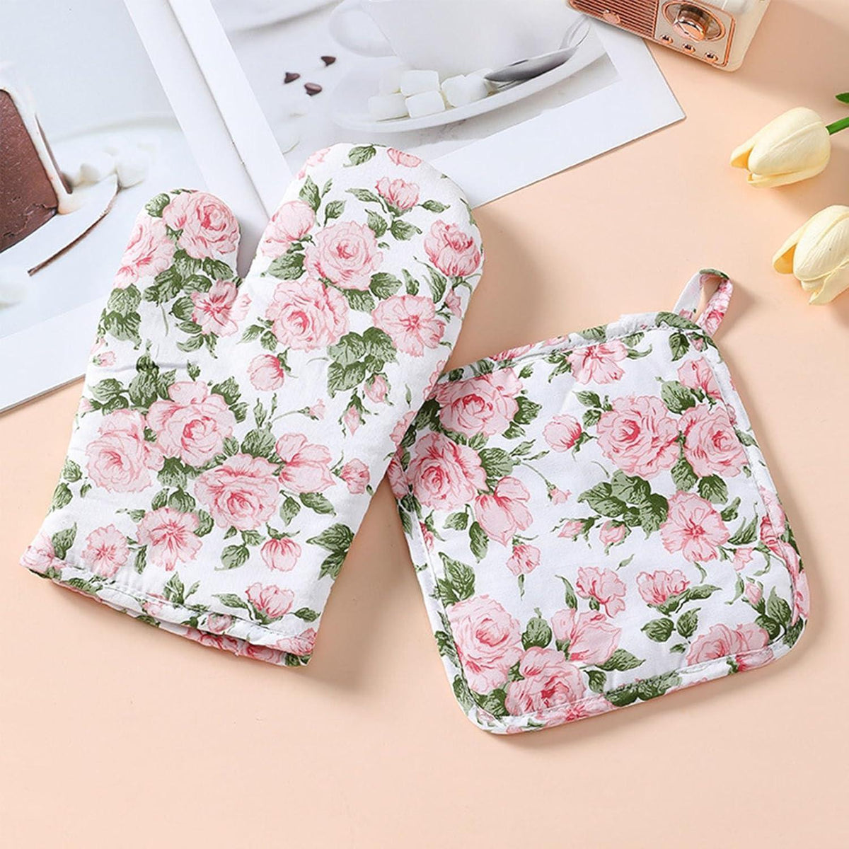 Ofenhandschuhe & Topflappen Set Rosa Blume Baumwolle