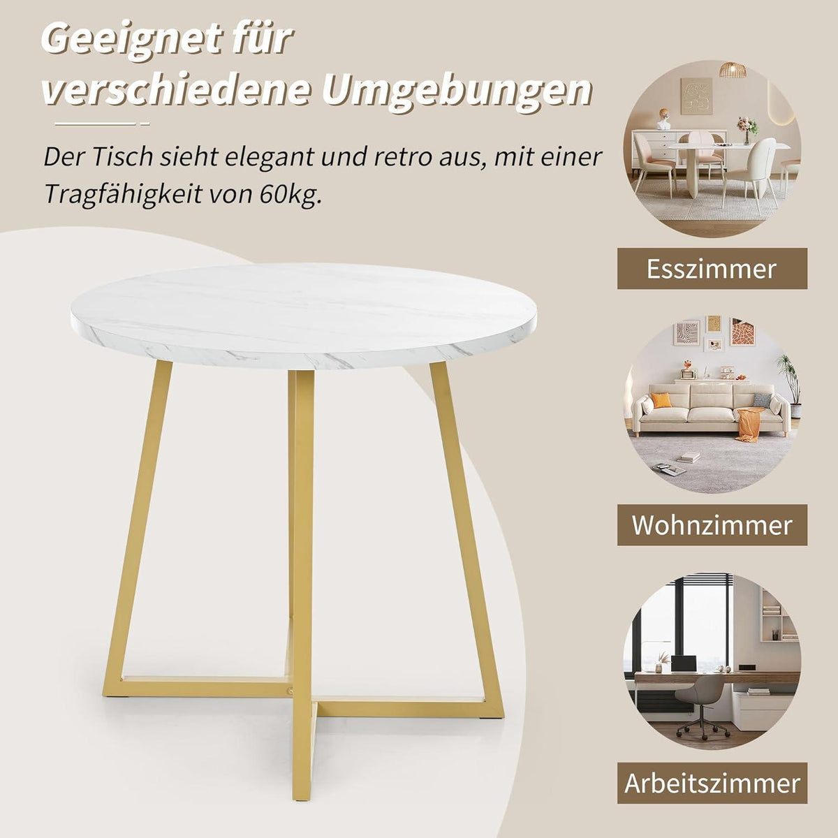 Runde Essgruppe mit 4 Samtstühlen – Weiß & Gold