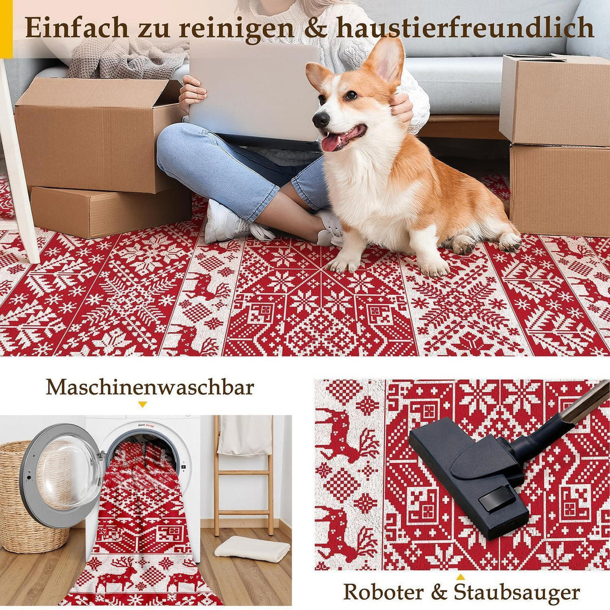 Weihnachts Teppich 160x230 cm – Roter Kurzflor Wohnzimmerteppich