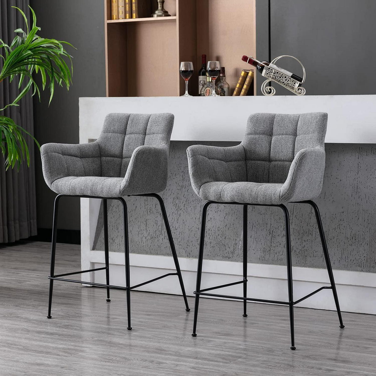 Moderner Barhocker 2er Set mit Frottee & Metallfüßen Grau