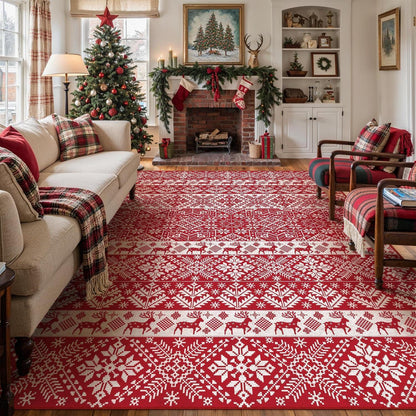 Weihnachts Teppich 240x300 cm – Roter Kurzflor Wohnzimmerteppich