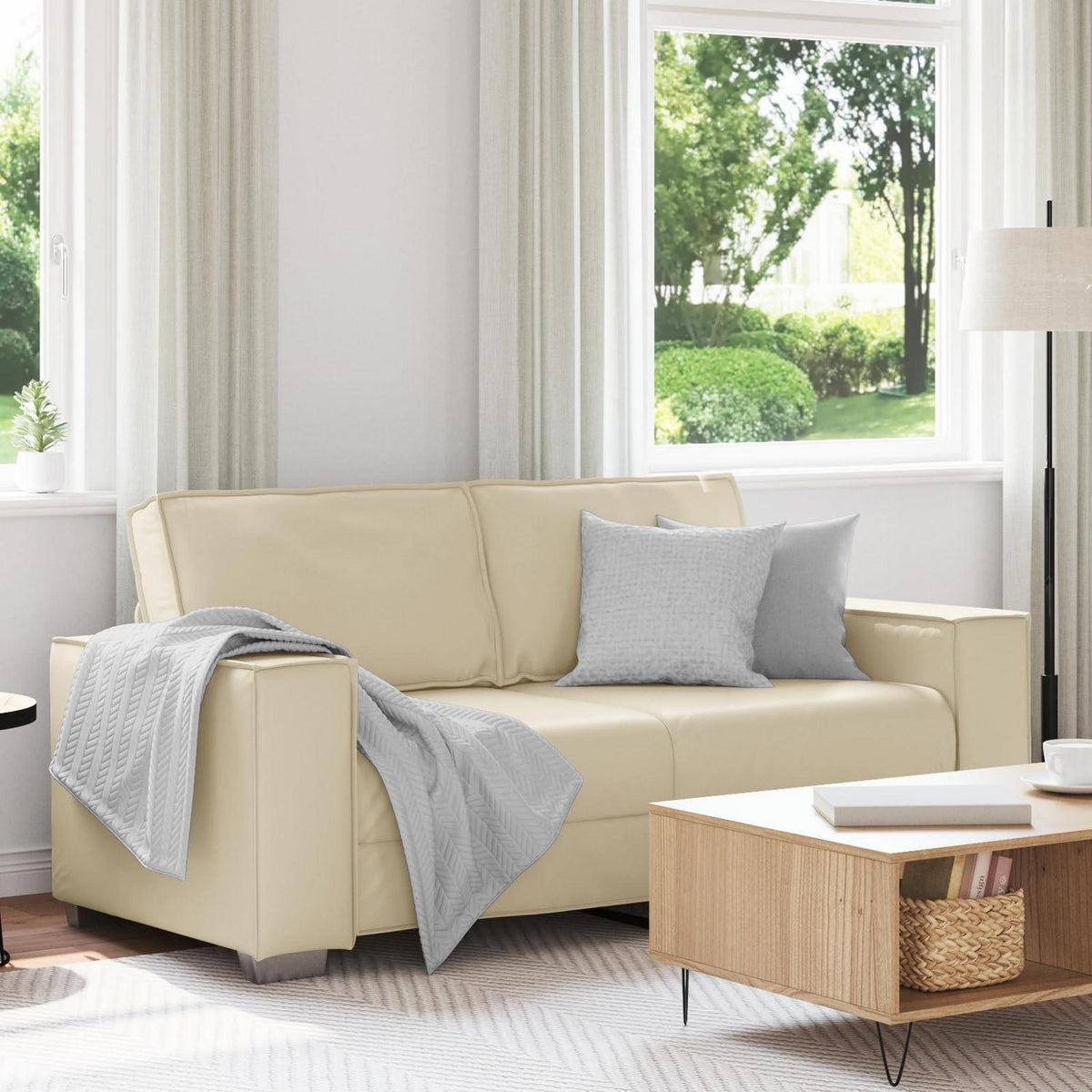 2-Sitzer Sofa Creme – 140 cm mit Abnehmbaren Kissen in Lederoptik