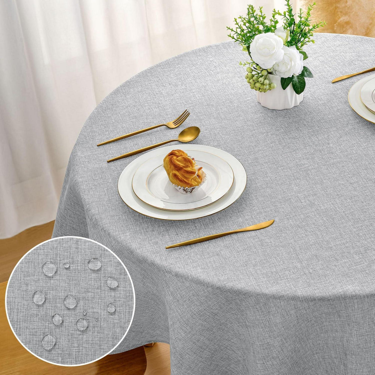 Runde Tischdecke Grau 160cm Leinenoptik Abwaschbar