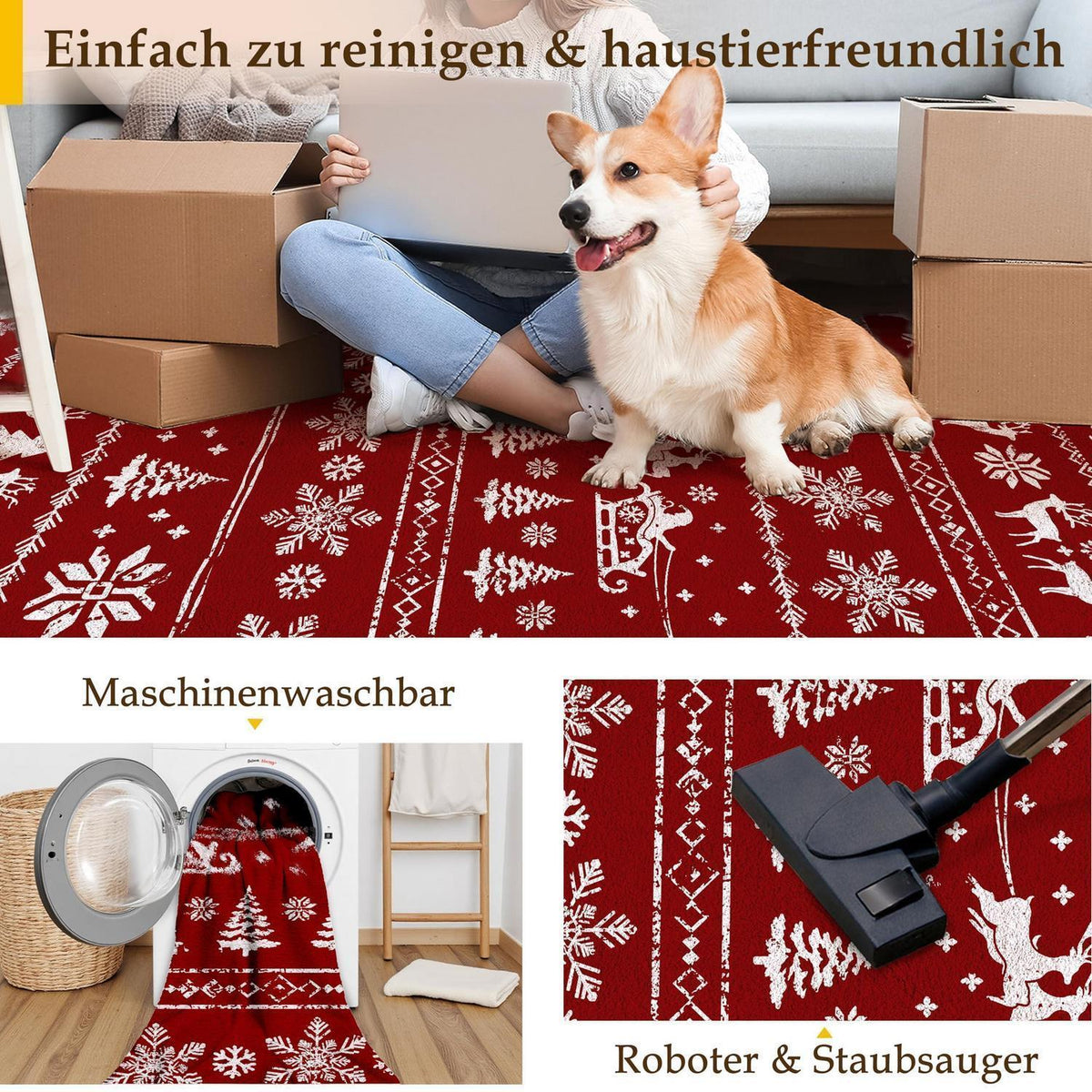 Weihnachts Teppich 160x230 cm – Roter Kurzflor Wohnzimmerteppich