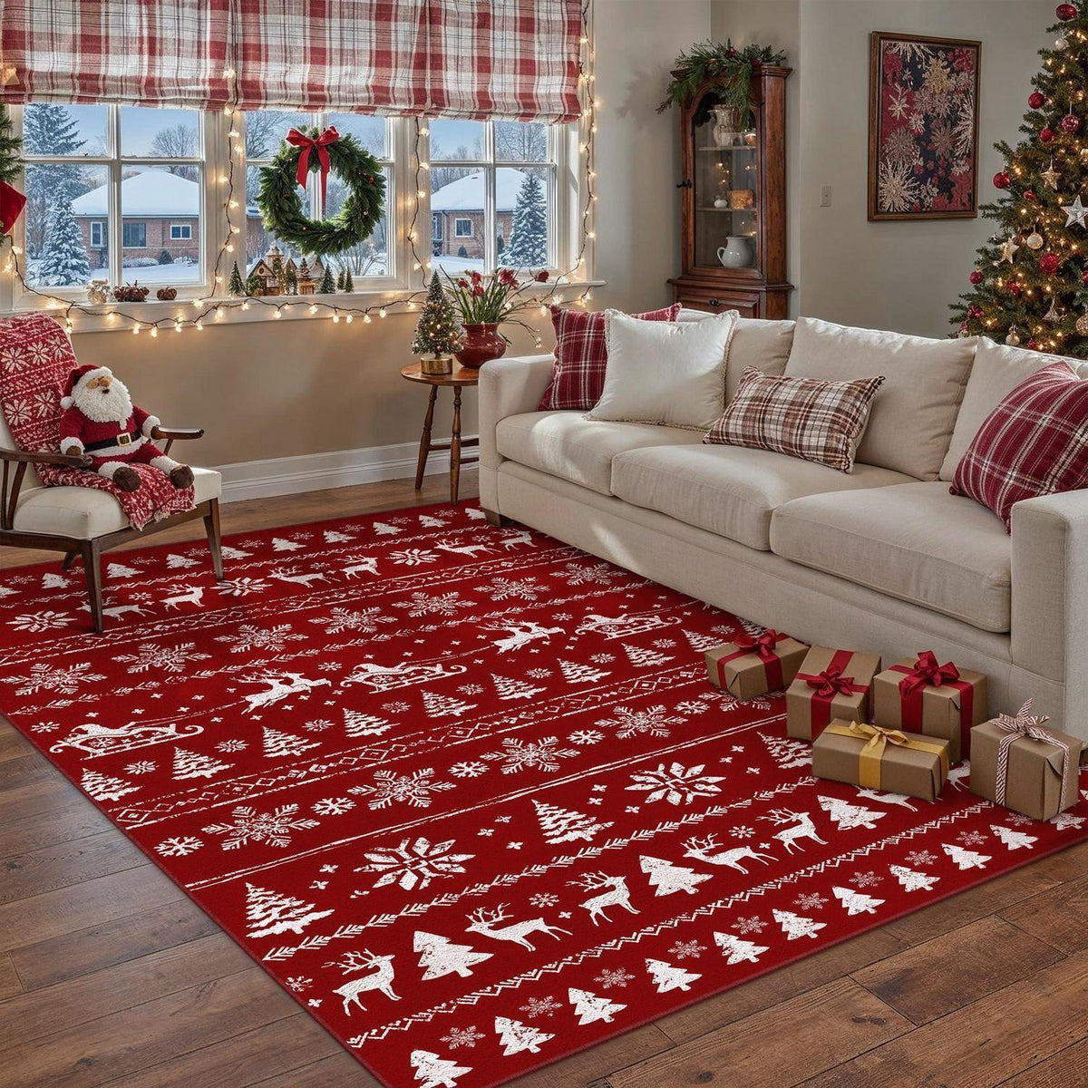 Weihnachts Teppich 160x230 cm – Roter Kurzflor Wohnzimmerteppich