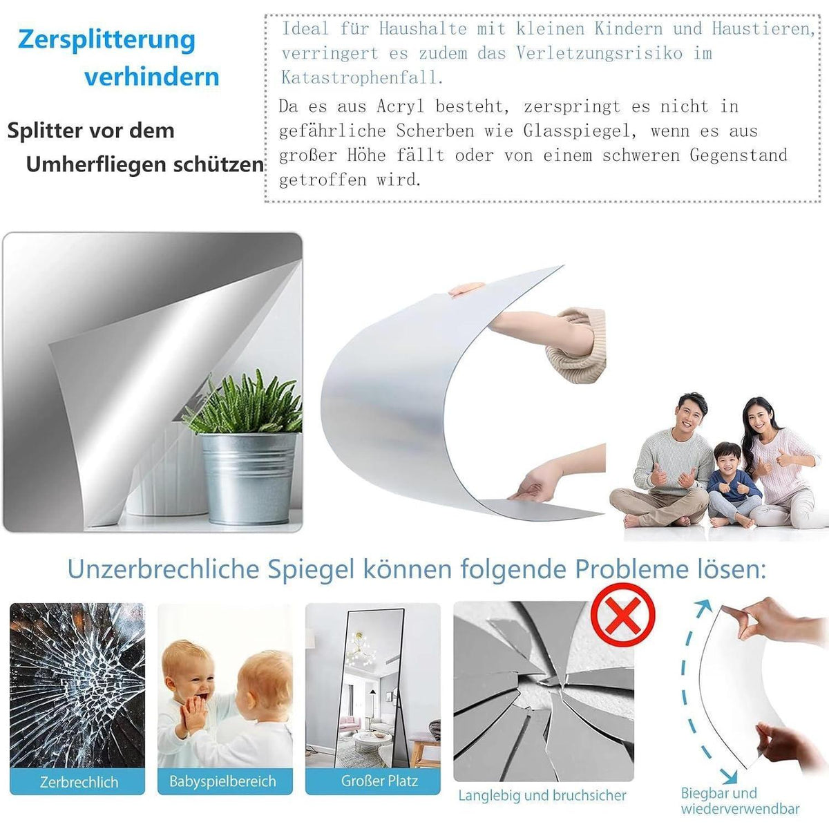 Selbstklebende Wandspiegel 40x120cm (2er Set) – Ganzkörper Spiegel