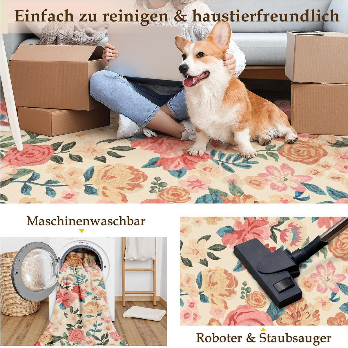 Wellenmuster Teppich Beige 160x230cm – Waschbarer Wohnteppich