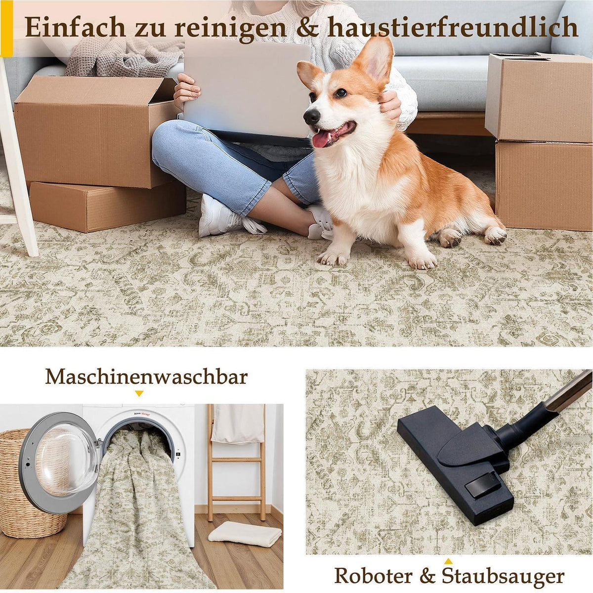 Vintage Teppich Beige 160x230cm – Waschbar & Rutschfest