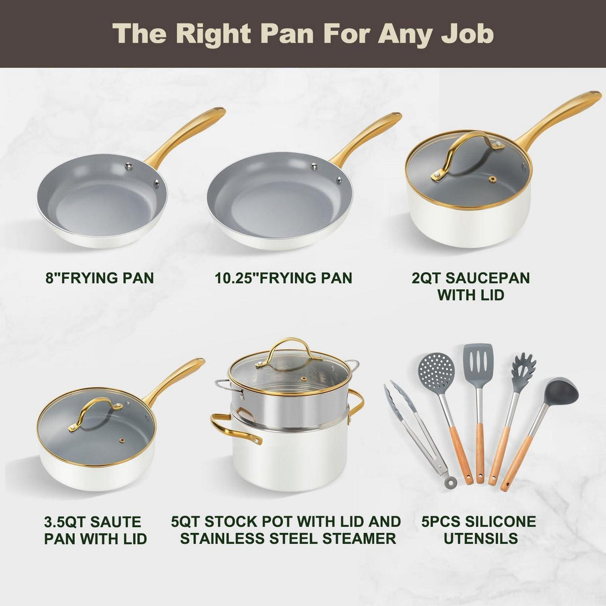 Keramik Kochset 14-teilig – Antihaft, Induktionsgeeignet, Beige/Weiß Gold