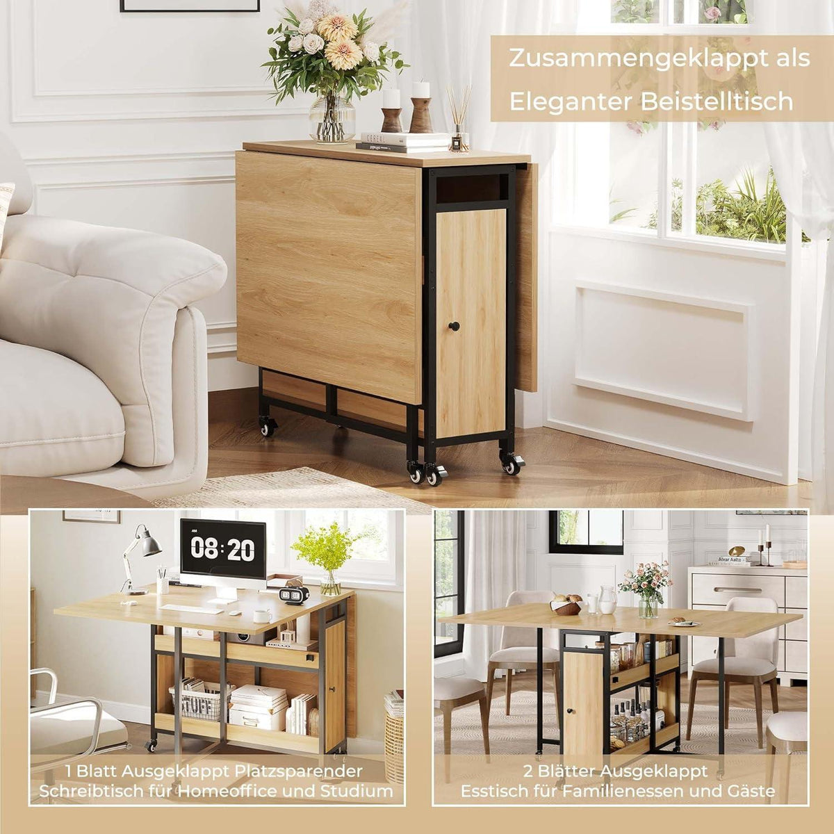 Klappbarer Esstisch Holz Metall mit Stauraum & Rollen 130cm