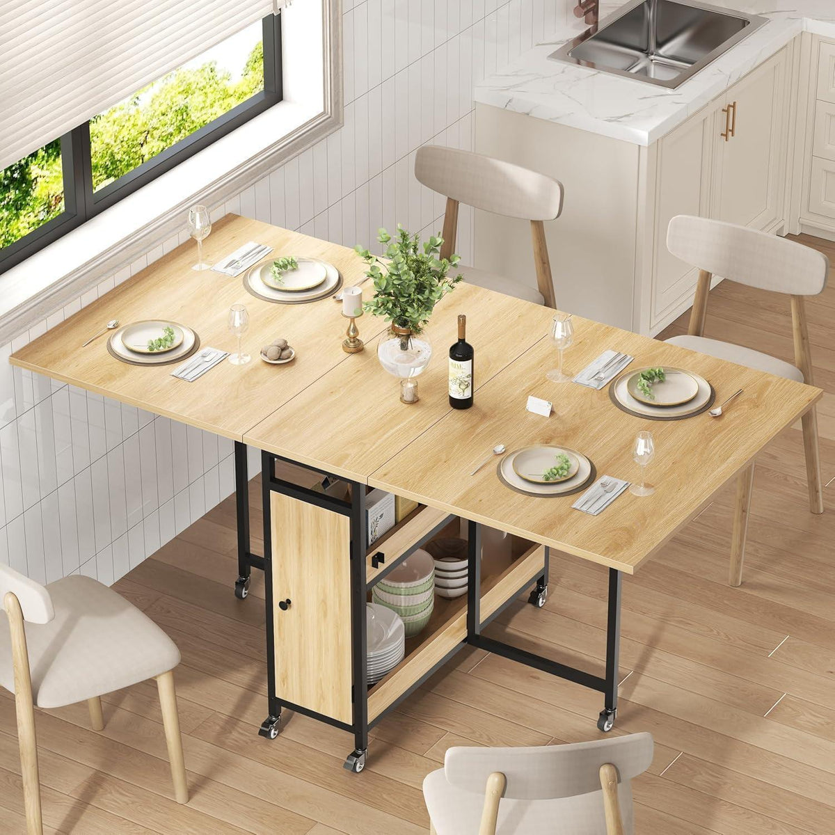 Klappbarer Esstisch Holz Metall mit Stauraum & Rollen 130cm