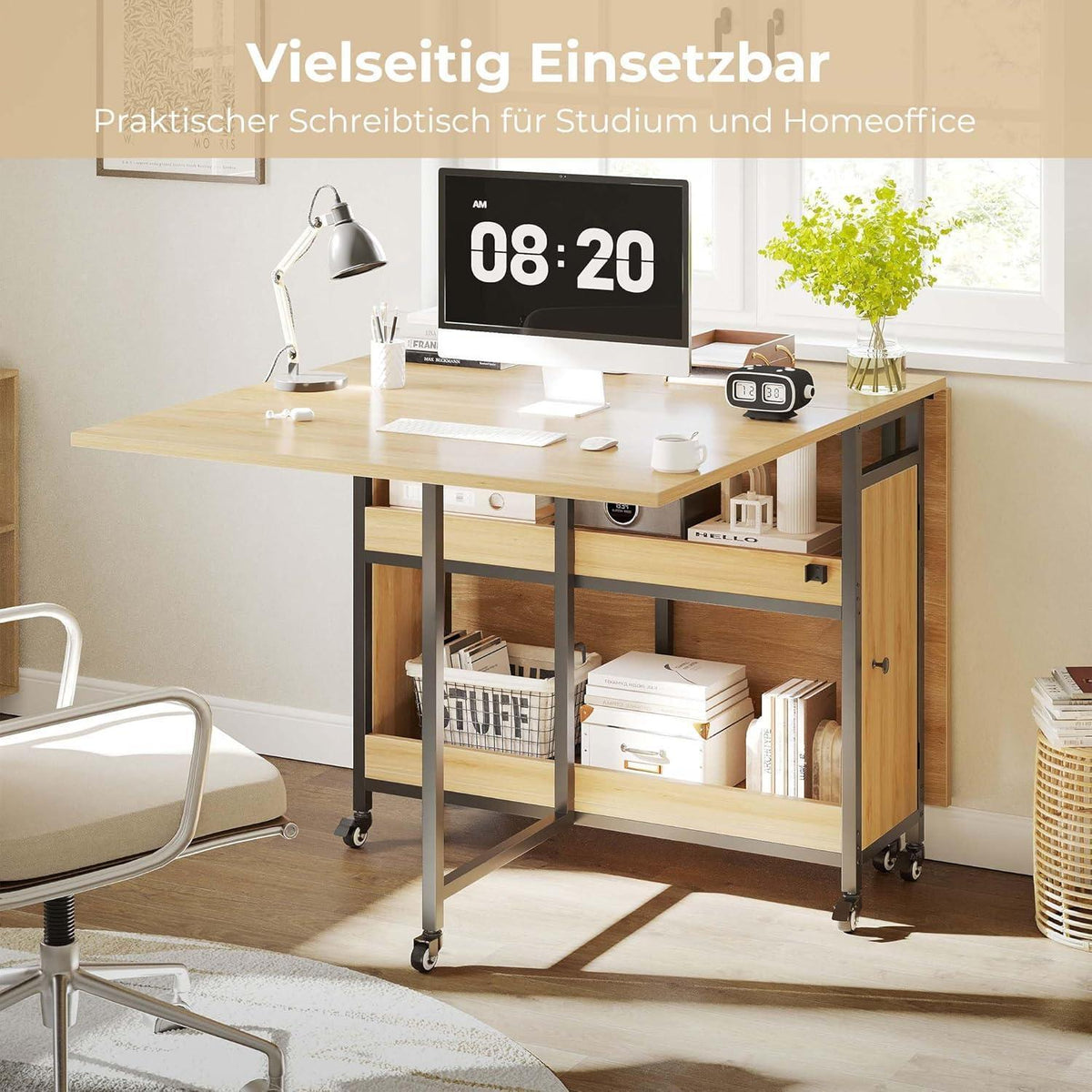 Klappbarer Esstisch Holz Metall mit Stauraum & Rollen 130cm
