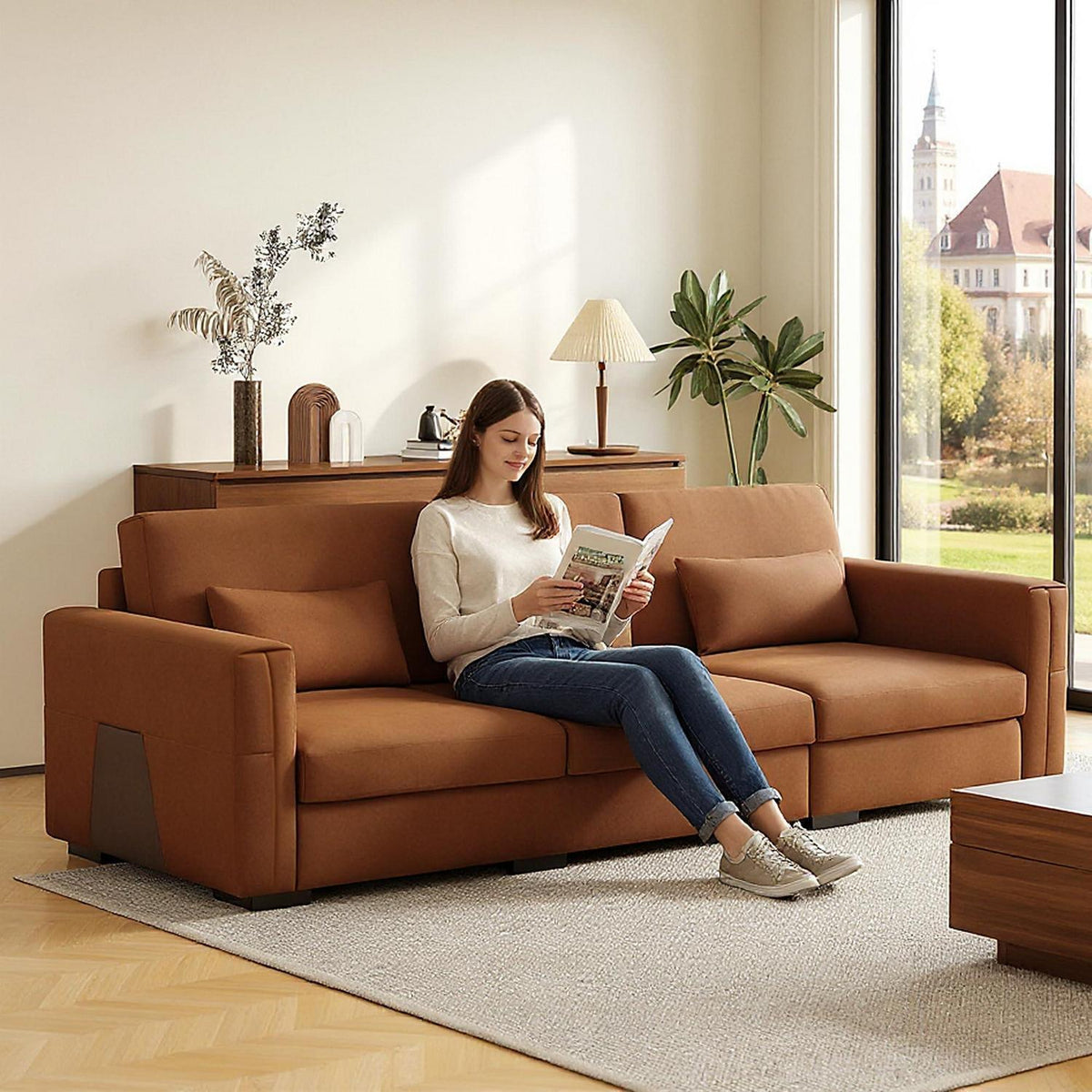 Bequemes 3-Sitzer Sofa Lederoptik 276x98x90cm Orangebraun