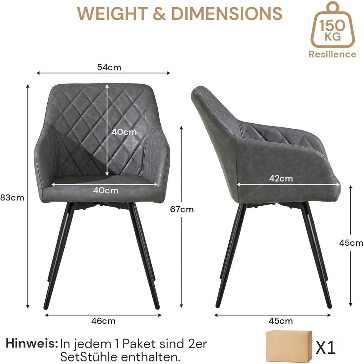Drehbarer Esszimmerstuhl mit Armlehnen – Hellgrau (2er Set) in Lederoptik