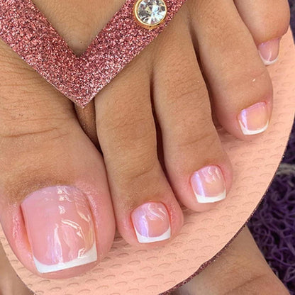 Französische Zehennägel Kurz Rosa-Weiß – 24er Set mit Kleber & Feile