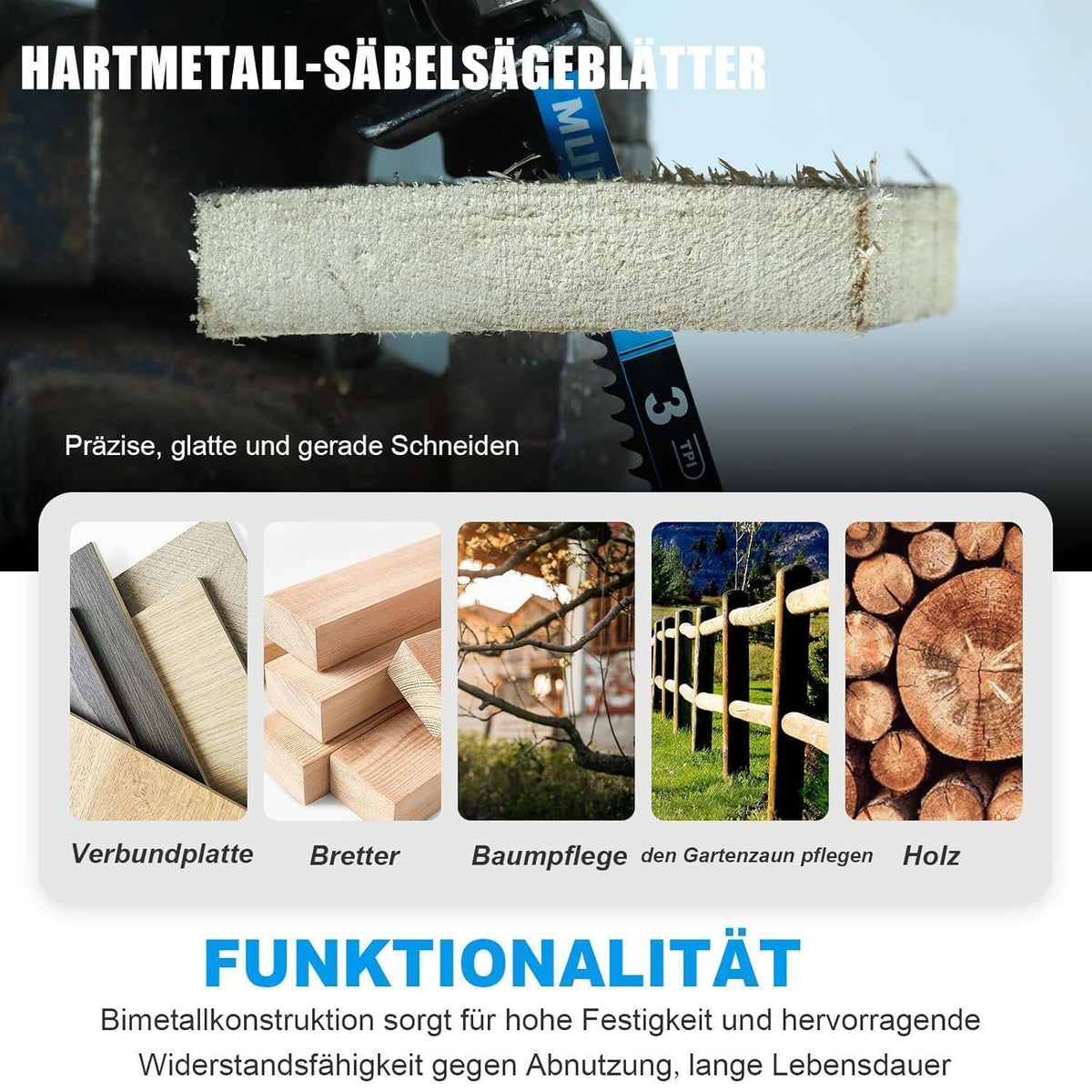 Hartmetall Säbelsägeblätter 150mm 3TPI für Holz, 10 Stück