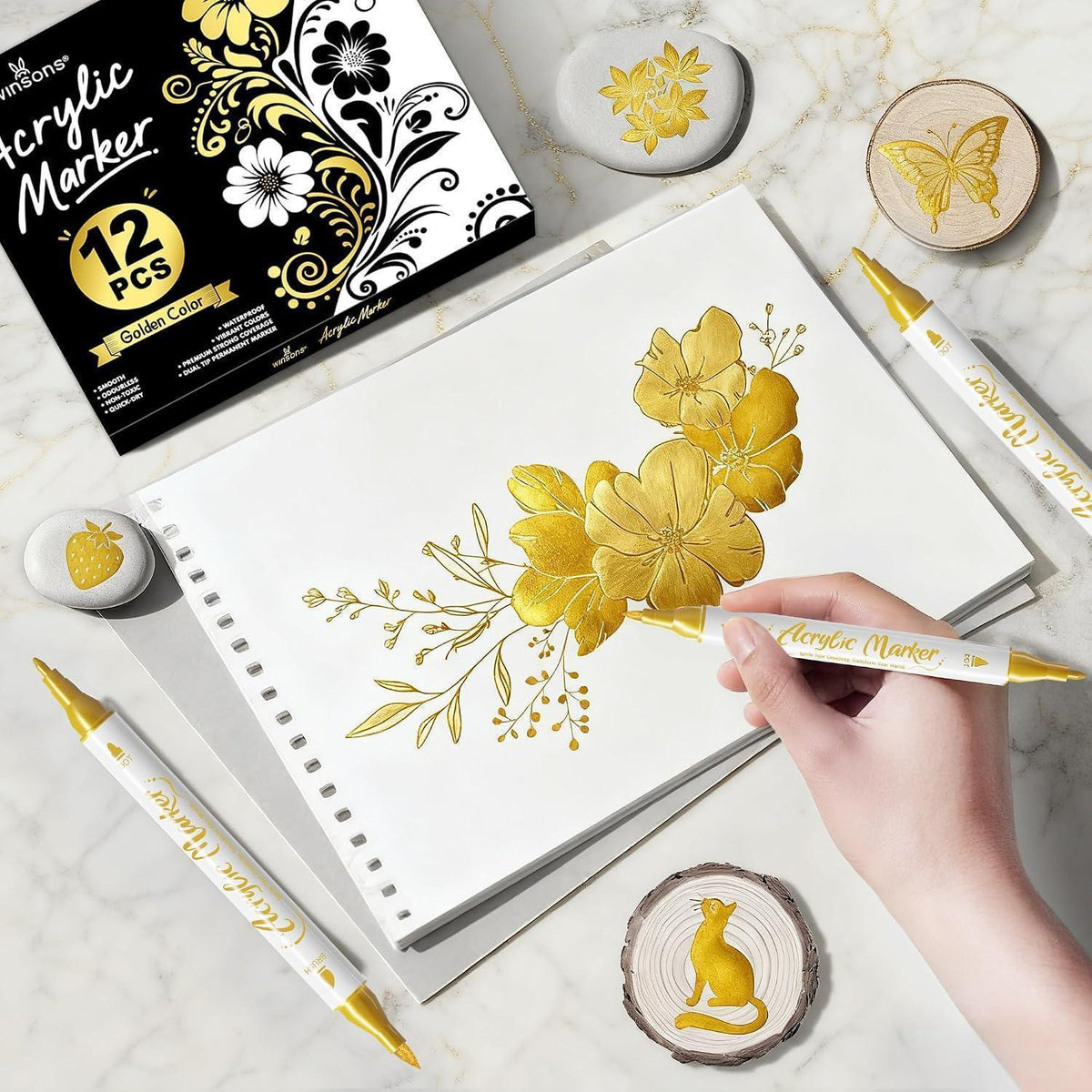 Acrylmarker Gold 12er Set – Permanentstifte zum Schreiben & Malen