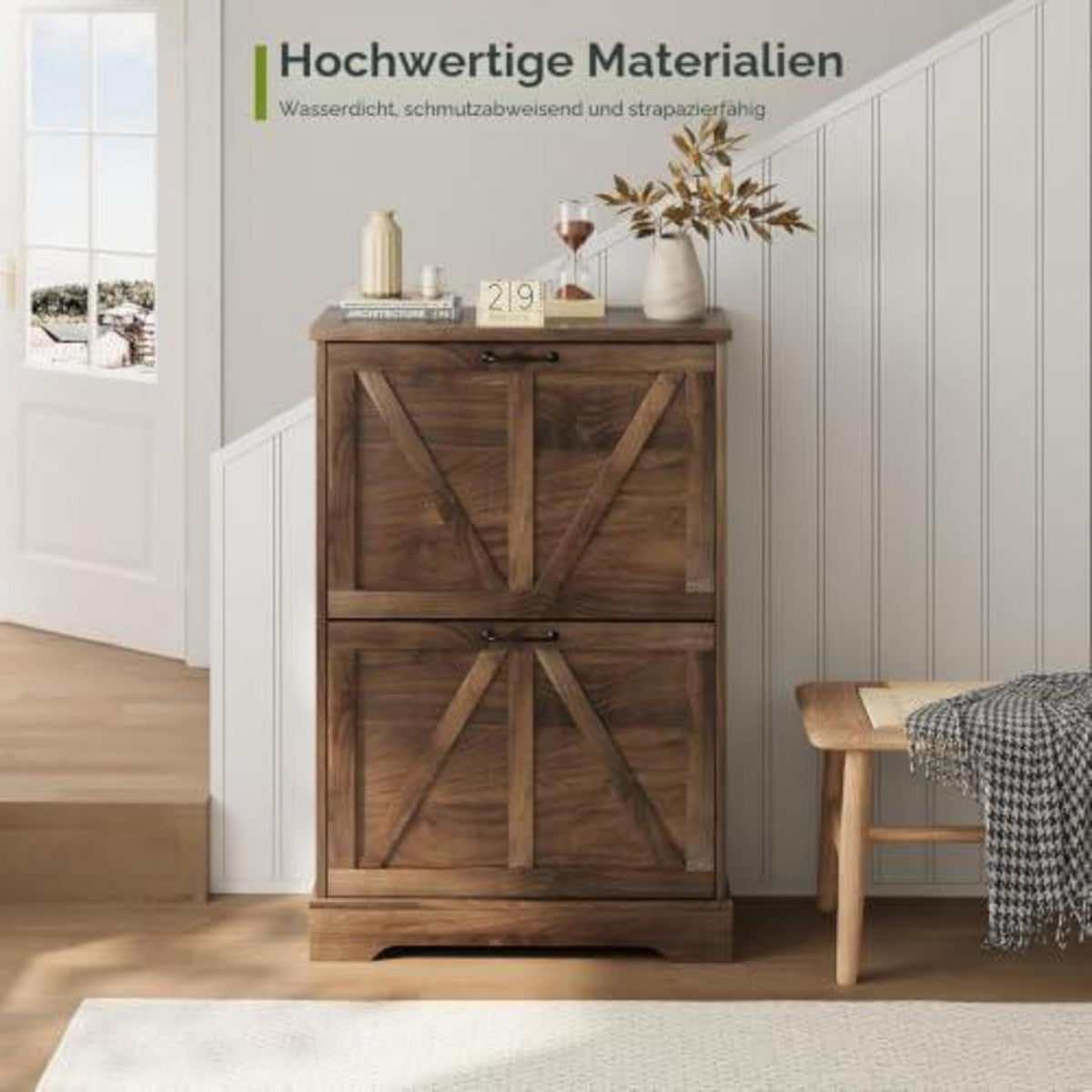 Schmaler Schuhschrank mit Klappschubladen & Trennwänden