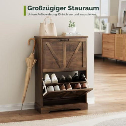 Schmaler Schuhschrank mit Klappschubladen & Trennwänden