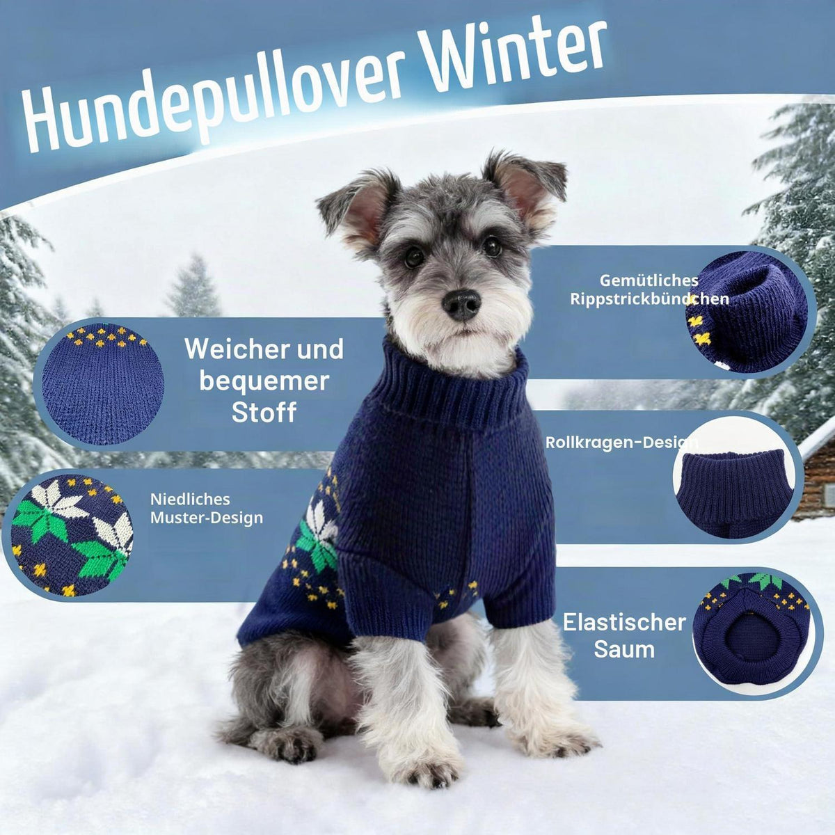 Gestrickter Hundepullover Rollkragen Marineblau XS