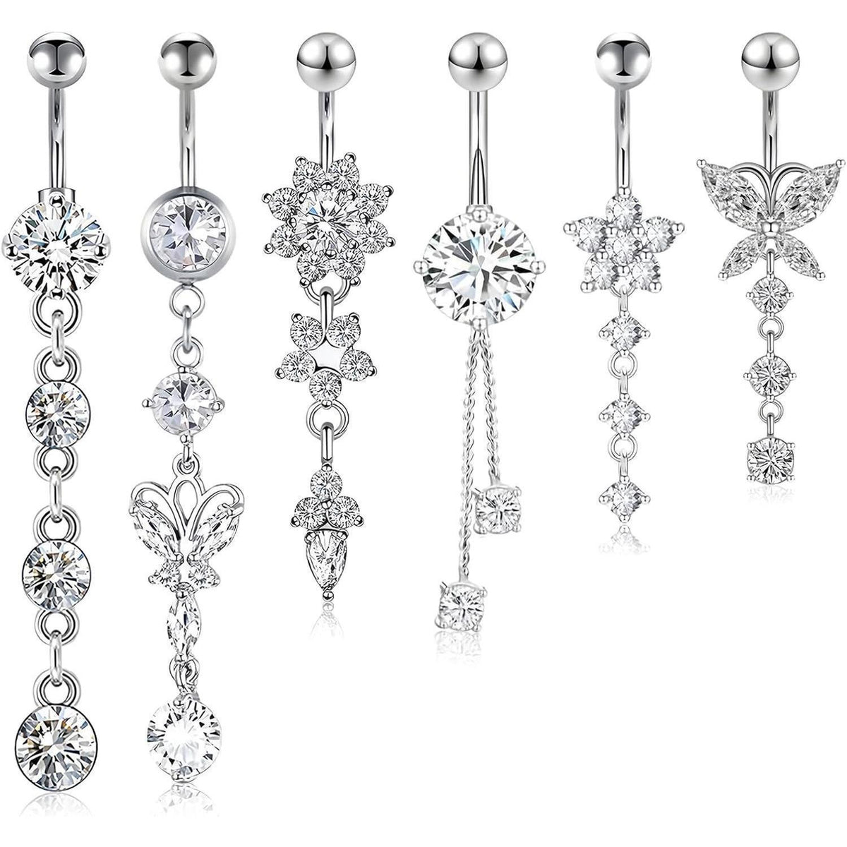 6er Set Bauchnabelpiercing Chirurgenstahl Zirkonia Silber