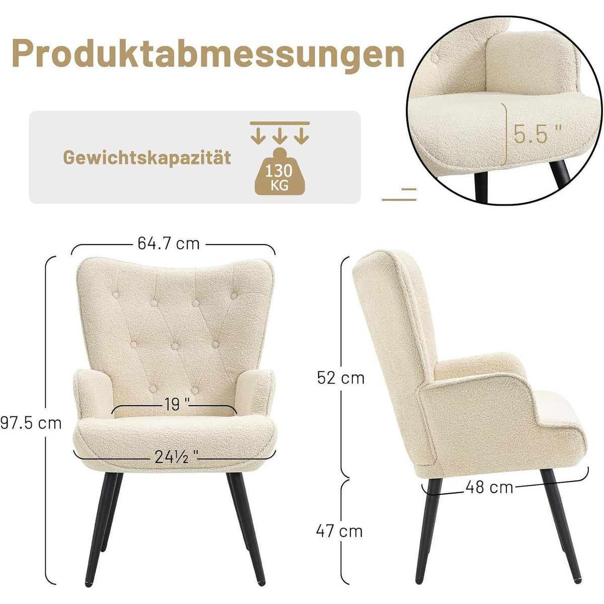 Ohrensessel 2er Set, Skandinavisch, Weiß – Bequemer Relaxsessel